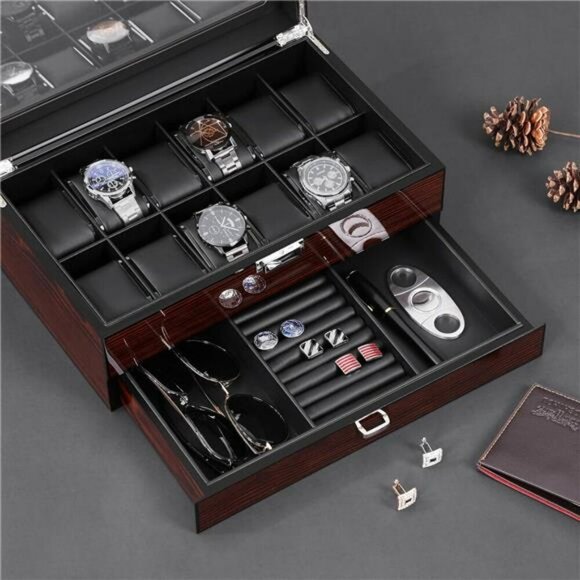 BEWISHOME Watch Box Organizer 12 Slot Glass Top Jewelry Drawer for Men - Picture 3 of 8